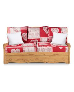 Canapé 2 places avec coffre pin massif sculpté Briançon rouge Dahu